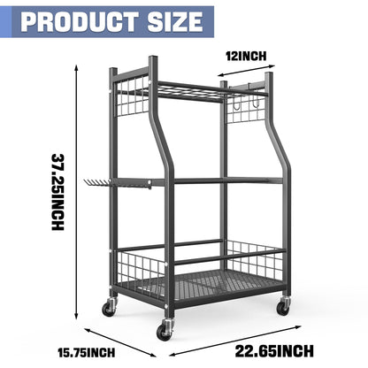 WALMANN Garden Tool Organizer with Wheels for Garage, Rakes/Shovels/Yard Tools Storage Stand for Garden, Shed, Indoor/Outdoor Long-Handled Tools Rolling Cart