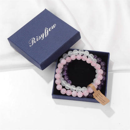 Risyfjew 3 PCS Healing Crystal Bracelets for Women 8mm Natural Stone Beaded Stretch Chakra Bracelets Amethyst Jewelry Gifts