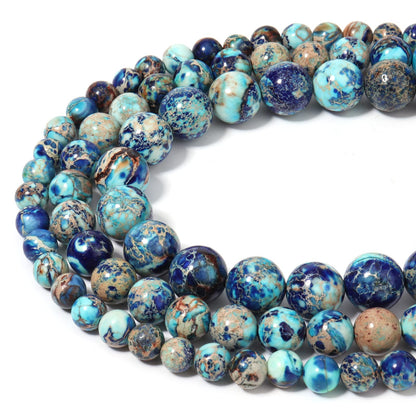 35pcs 10mm Natural Mixed Blue Imperial Jasper Gemstone Beads Energy Healing Crystal Round Loose Stone Beads for Jewelry Making, DIY Bracelets Necklaces