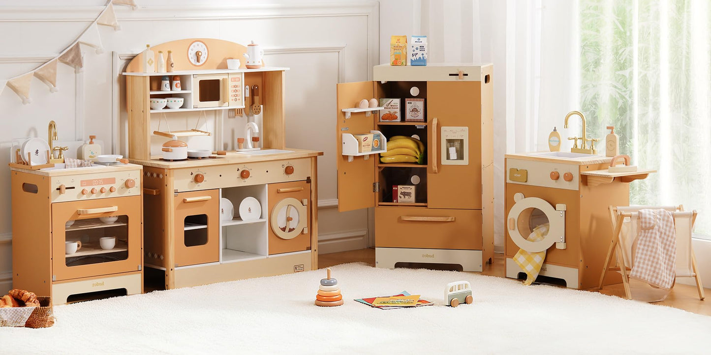 ROBUD Wooden Play Kitchen, 4-in-1 Kids Kitchen Playset with Fridge, Washing Machine, Dishwasher, Toddlers Role Play Kitchen Set Gift for Boys & Girls, Age 3+ (Caramel)