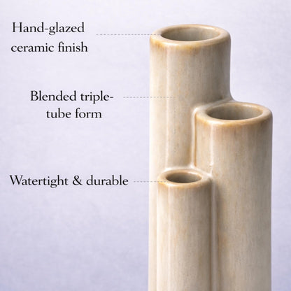 SincereLuxe Ceramic Bud Vase, Sculptural Triple Tube Vase in Cream White for Modern Farmhouse & Minimalist Shelf Decor