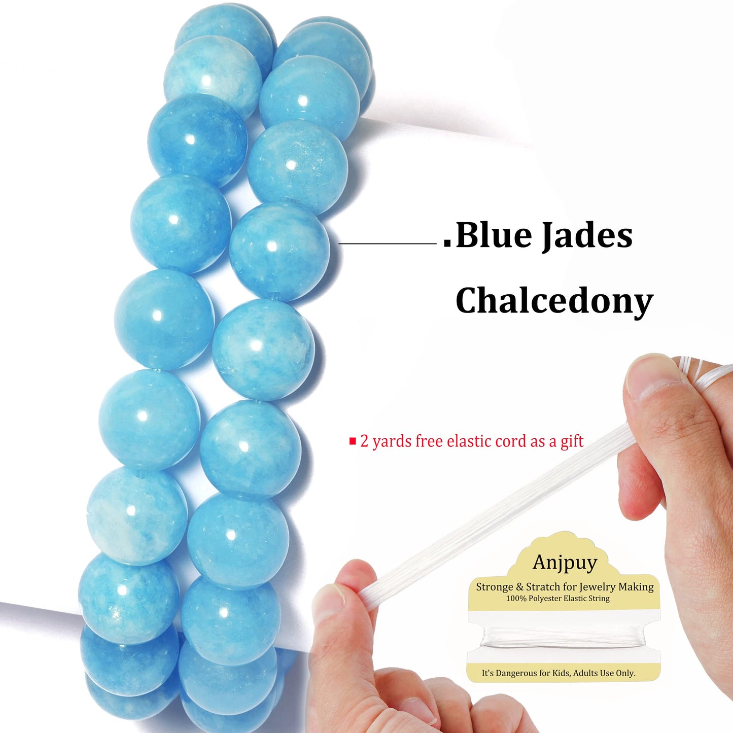 10mm Natural Blue Jades Chalcedony Round Bead - 35PCS Bulk Gemstone Beads for Jewelry Making, DIY Bracelets, Necklaces - Includes Crystal Stretch Cord - Stone Beads for Crafting Gifts