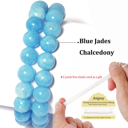 10mm Natural Blue Jades Chalcedony Round Bead - 35PCS Bulk Gemstone Beads for Jewelry Making, DIY Bracelets, Necklaces - Includes Crystal Stretch Cord - Stone Beads for Crafting Gifts