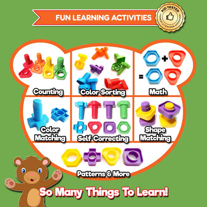 Jumbo Nuts and Bolts For Toddlers - Fine Motor Skills Rainbow Matching Game Montessori Toys For Toddlers & Toddler Games | 12 pc Occupational Therapy Educational Toys with Toy Storage + eBook