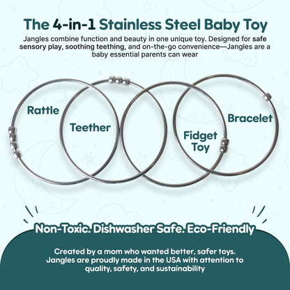 Jangles - Made in USA Stainless Steel Baby Rattle, Teether, Teething Bracelet & Fidget Toy – Heirloom Quality, Safe, Non-Toxic, BPA-Free – Ideal for Teething, Sensory Play & Early Development