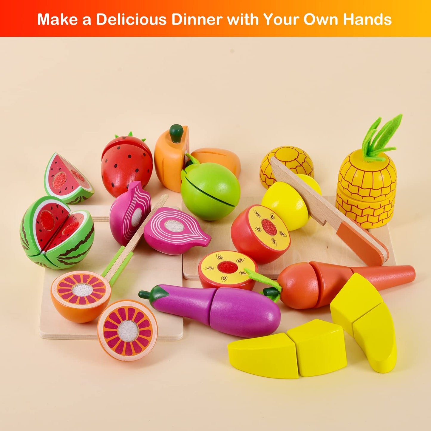 FUN LITTLE TOYS 35PCS Wooden Play Food for Kids Kitchen, Pretend Cutting Food Toys with Wooden Tray, Dishes and Knife for Kids, Pretend Play Food for Christmas Birthday Gifts