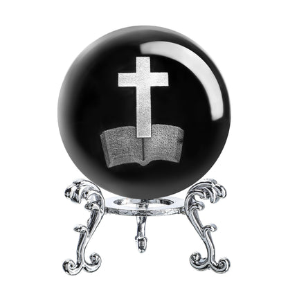 ZEERSHEE 3D Laser Engraved Cross Bible Crystal Ball with Stand Religious Christian Collectible Decoration for Home Office