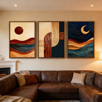 【3-Piece】 16x24 Inch Framed Sun & Moon Modern Abstract Wall Art - Boho Mid-Century Geometric Canvas Decor for Living Room