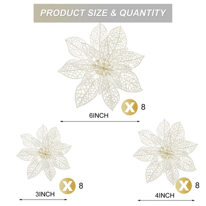 Boao White 24 Pieces Poinsettia Flower Christmas Glitter Artificial Poinsettia with Clips Christmas Tree Ornament Decorations for DIY Xmas Wreath Holiday Home Party Decor, 3/4/6 Inches
