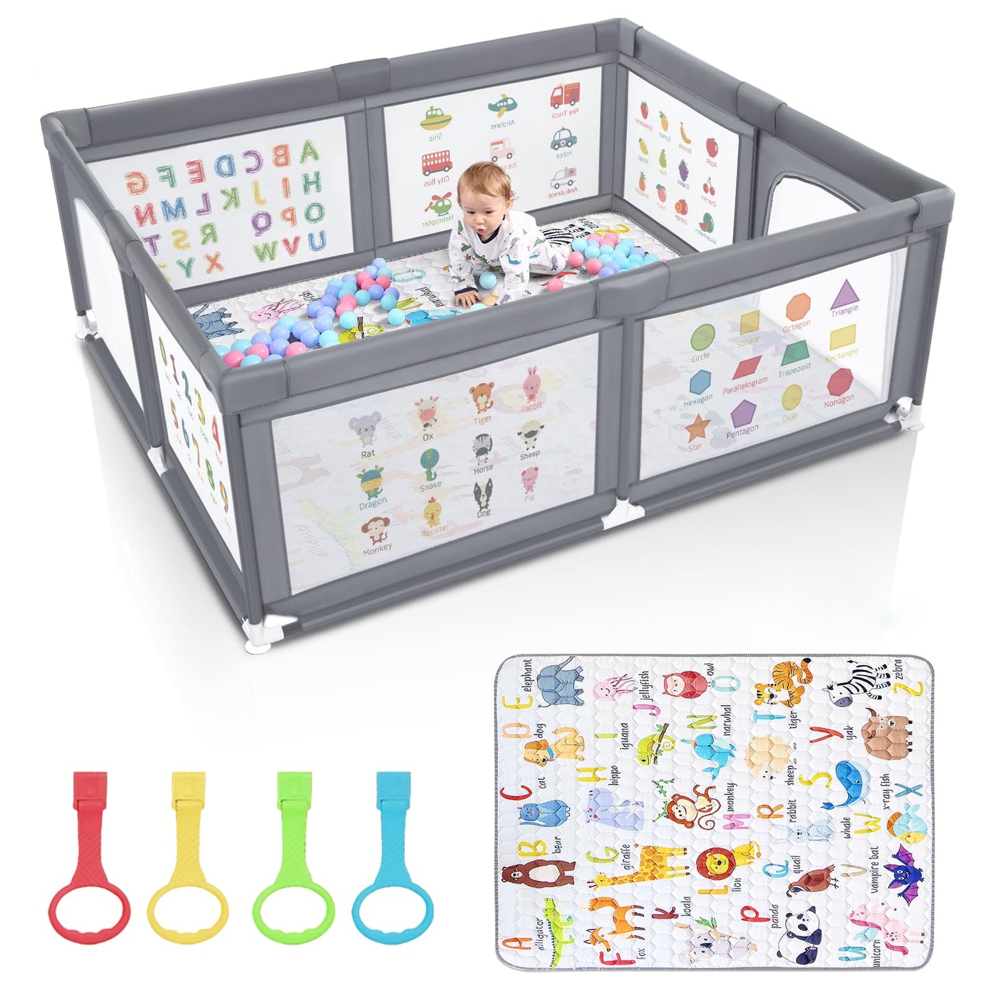 Voovc Premium Baby Playpen with Mat, 71x60 Inches Extra Large Playpen for Babies and Toddlers, Indoor & Outdoor Activity Center, Safety Baby Play Pen with Gate Prints