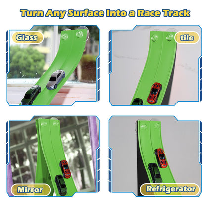 Upgrade Flexible Race Track Flex Tracks for Kids 3+, 15Ft Flexible Car Track Race Car Track Compatible with Diecast 1/64th Cars, Roll Up Race Ramp Toy with Strong Suction Cups