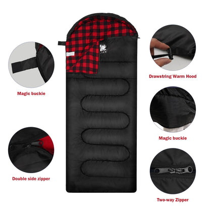 FJALLNOK Warm & Cold Weather Sleeping Bag,100% Cotton Flannel,Extra-Large for Adults & Kids,Lightweight Waterproof for Camping Hiking and Backpacking,Free Compression Sack (0-32℉- Black/Red)