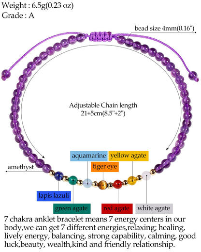 Jewever 7 Chakra Ankle Bracelets for Women Beach Foot Healing Crystals Lava Rock Essential Oils Diffuser Worry Stone Energy Balancing Meditation Yoga gifts (Amethyst)
