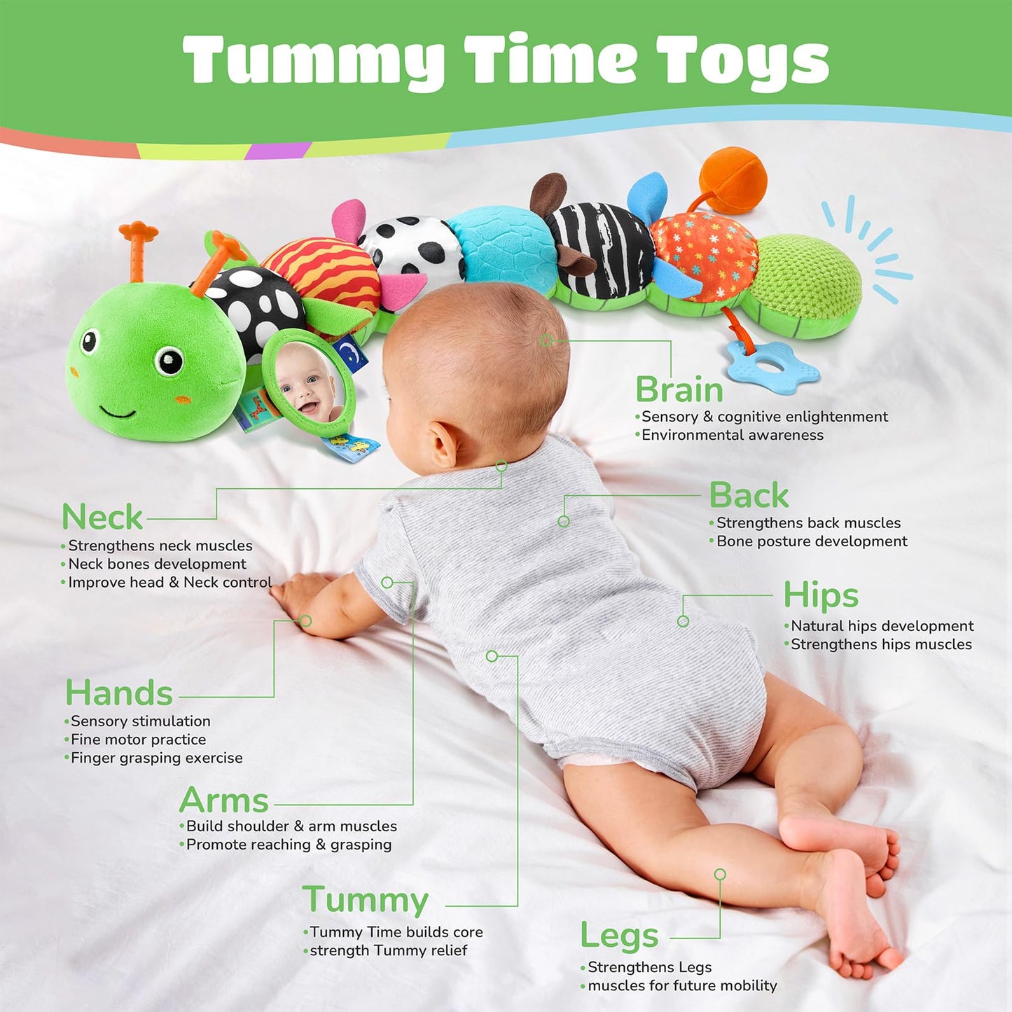 AWOTOY Baby Toys 6-12 Months Music Caterpillar Infant Toys Stuffed Animals 0-3-6 Months Tummy Time Teething Sensory Toys with Mirror Rattle&Pull String Boys Girls Birthday Gifts Easter Basket Stuffer