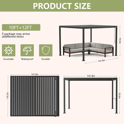 Orithm Louvered Pergola 10x12 FT, Aluminum Outdoor Pergola with 0°-90° Adjustable Hardtop Roof, Heavy Duty Metal Pergola for Patios, Deck and Backyard, Anti-Rust & Concealed Drainage, Charcoal Gray