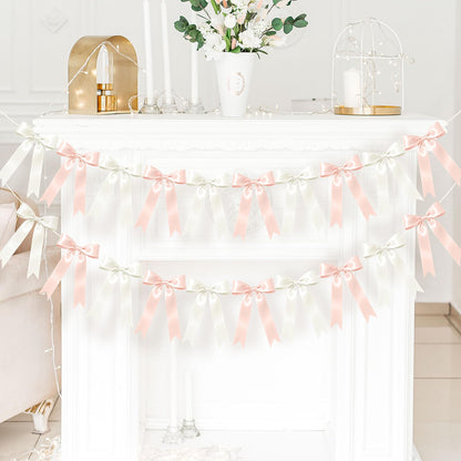 NatNarr 2 Pcs White and Pink Bow Garland, Satin Ribbon Valentines Day Decorations Pre-Strung Bow Garland Party Banner for Wedding Birthday Baby Bridal Shower