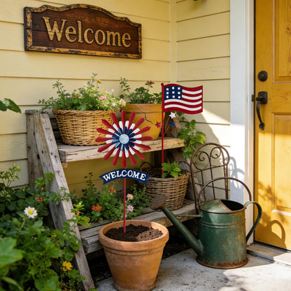 A ANLEOLIFE Decorative Garden Stakes for Outside, Metal Garden Decor Rustic American Flag and Welcome Sign, Yard Stakes Indoor & Outdoor Patio Lawn