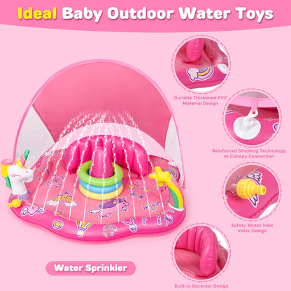 Baby Pool Float with Sprinkler, Inflatable Baby Splash Pad with Stackable Rings Game, Baby Splash Mat with Canopy & Backrest for Toddlers Garden, Beach, Backyard and Bathroom (Pink)