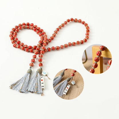 Handmade Bead Garland with Tassels - Farmhouse Rustic Prayer Bead String Wall Hanging Accent for Home Festival Decor.