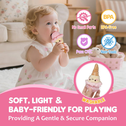 GNAYUIJ Baby Toys 6-12 Months,My First Candy Bag Plush Toy-5 Sensory dessert Soft Toys with Rattle, Crinkle Paper, Squeaker, Mirror,Busy Montessori Soft Toys for Toddlers,1st Birthday for Babies Girls