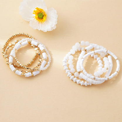 GOOJIDS White Surfer Heishi Clay Bead Bracelets for Women Bohemian Stackable Gold Plated Beaded Stretch Bracelets Elastic Layering Friendship White Bracelets Set Boho Jewelry