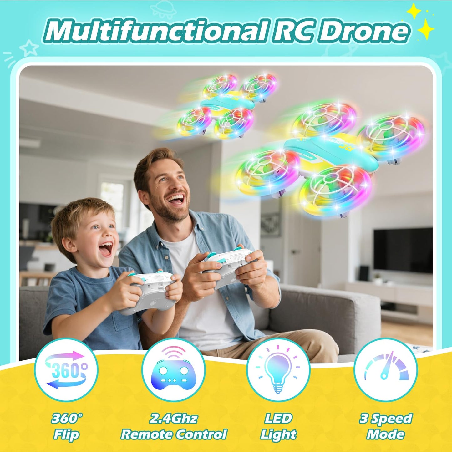 FUNPX LED RC Drone for Kids 6+, Christmas Birthday Gift for Boys & Girls with Remote Batteries, 360° Flip, High Speed Mode, 45 Min Flight Indoor and Outdoor Flying Toy - Blue Yellow