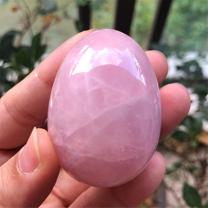 Fekuar Stone Egg Figurine, Polished Healing Crystal Easter Eggs Sphere Sculpture with Wood Stand, Natural Rose Quartz, 1.8"