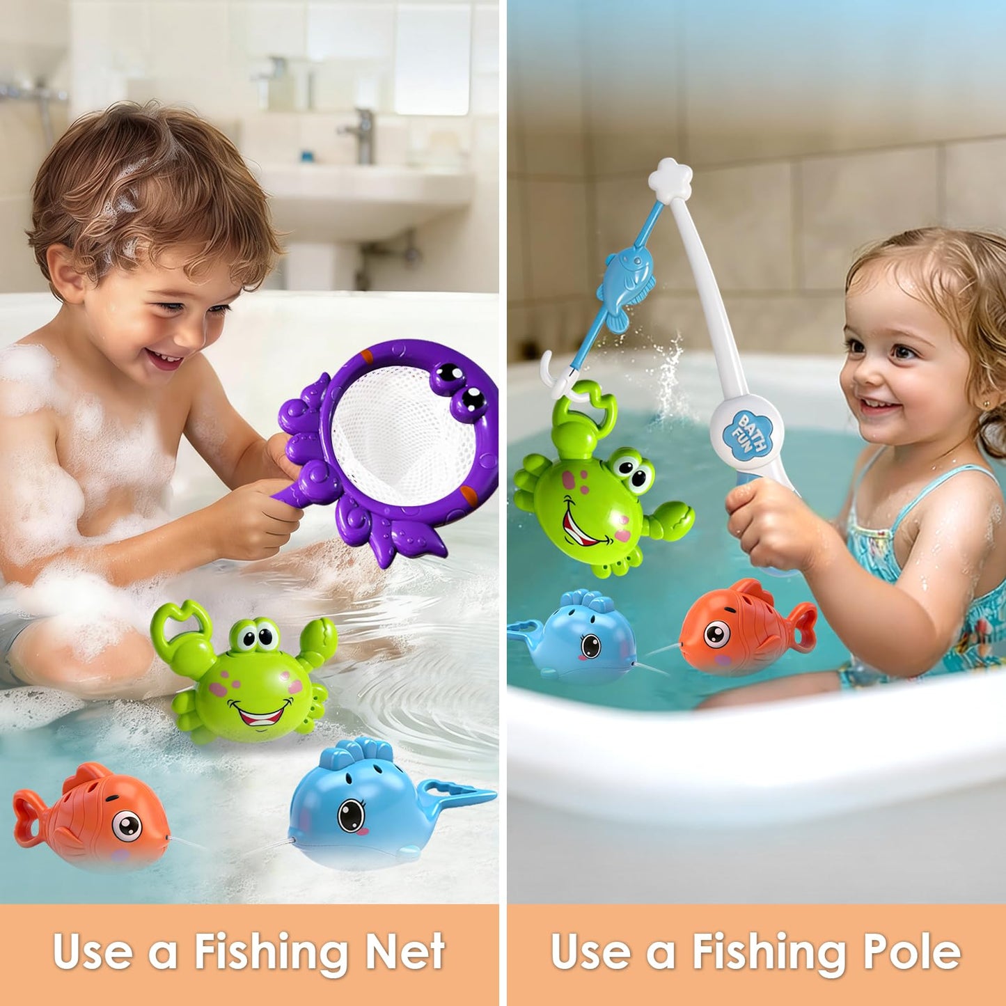 Uermis Baby Bath Toy for Toddlers, Fishing Game Bath Toy with 3 Floating Sea Animals, Fishing Pole & Fishing Net, Fun Bathtub Games for Kids Ages 18 Months+