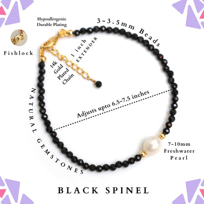 Gempires Black Spinel Beaded Bracelet with Pearl, Handcrafted Fresh Pearl and Gemstone Beads Adjustable Bracelet in 14k Hypoallergenic Gold Plated, Gift for Her (7.5 + 1 Inch Extender)