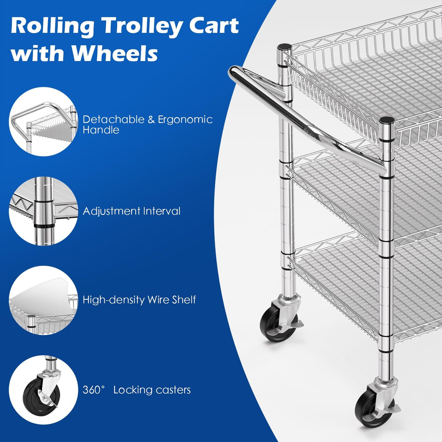 NTE Utility Cart with Wheels, 990lbs Capacity Metal 3 Tier Rolling Carts, NSF Kitchen Carts On Wheels with Storage, Heavy Duty Utility Cart with Handle & Wire Shelf for Indoor & Outdoor Use, Silver