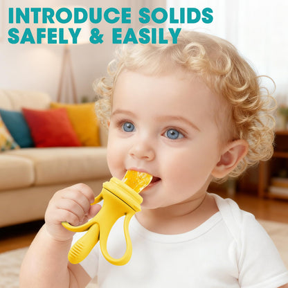 JEXFUN Baby Fruit Feeder & Breastmilk Popsicle Mold Set, Silicone Food Feeder Pacifier for Cooling Relief with 3 Replaceable Pouches, BPA-Free Teething Toy for Safe Infant Self Feeding (Banana Yellow)