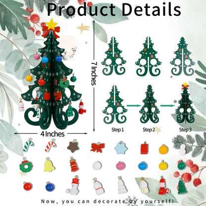 TEBIEKOY DIY Mini Wooden Christmas Tree with Ornaments Set, Cute 7 Inch Small Xmas Tree Kit with 24 Hanging Decorations New Year Parties Supplies, Easy Installing Holiday Craft Gift for Families