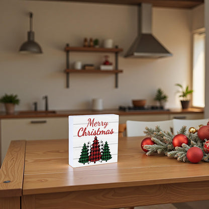 Christmas Decorations Indoor Christmas Decor Table Home Room Buffalo Plaid Tree Office Bathroom Wood Box Sign Rustic Wooden Shelf Desk Decor Season Sign House Warming Gifts 5.9 x 5.9 Inch
