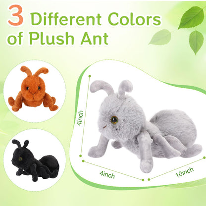 Shappy 3 PCS Plush Ant Set 10'' Soft Stuffed Ant Toys for Kids - Perfect for Hugging, Playtime, and Gifts - Durable, Washable, and Realistic for Birthdays and Holidays(Brown, Black, Gray)