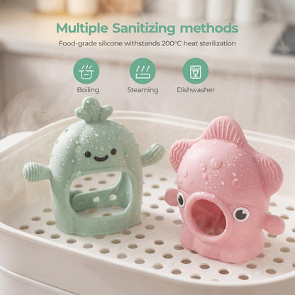 Momcozy 2 Pack Baby Teething Toys, Food Grade Silicone Baby Teether for 0-6 6-12 Months, Anti-Drop Wrist Mitten Set, Baby Essentials Teething Relief, 200°C Sterilizer Safe， Pink & Mint Green