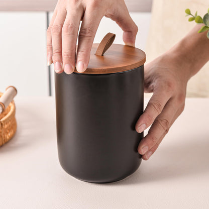 CoorFormer Black Ceramic Canister Set with Bamboo Lids, 3-Piece Airtight Food Storage Jars for Kitchen - Flour, Sugar, Coffee, Tea, Spice - Small, Medium, Large Sizes