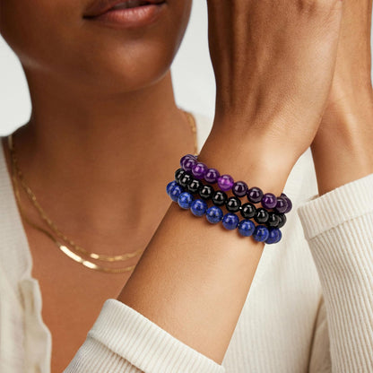 Pendlixy 3PCS Healing Crystal Bracelets for Women Men 8mm Amethyst Lapis Lazuli Obsidian Natural Stone Beaded Stretch Bracelet Handmade Gemstone Reiki Spiritual Jewelry Gifts