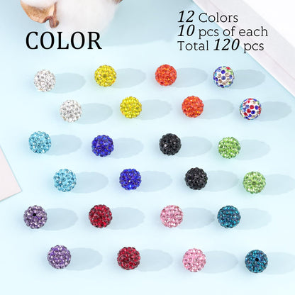 120 pcs 10mm Rhinestone Beads for Jewelry Making, 12 Mixed Colors Shiny Round Shamballa Disco Ball Beads, Sparkle Crystal Clay Christmas for Bracelet Baseball Necklace Earring and DIY