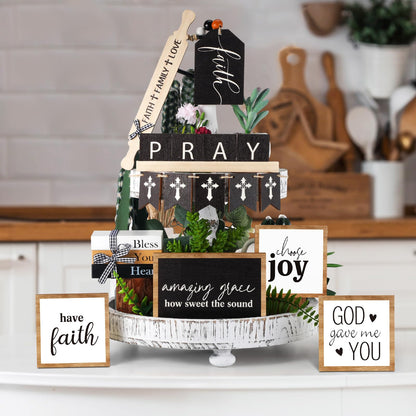 Tatuo 13 Pcs Easter Tiered Tray Decor Set Religious Wooden Table Decor Faith Christian Easter Centerpieces Decorations Rustic Farmhouse Pray Cross Wood Block Signs for Home Church Tabletop