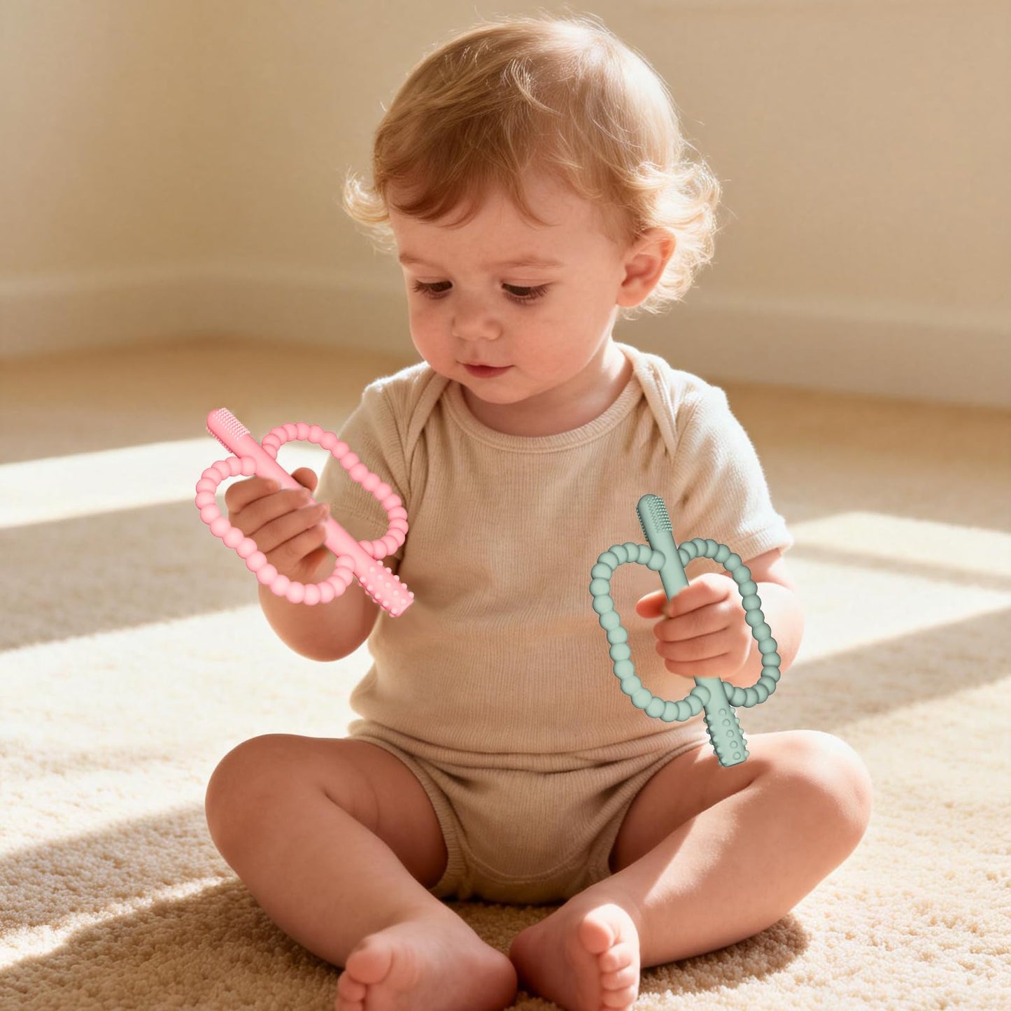 WALULAN 2 Pack Baby Silicone Teething Toys, Teething Sticks for Babies,Silicone teether Tubes for Baby Girl,BPA Free, Soothe Gums for 0-6 3-12 18-36 Months, Newborn Infants Toddler Sensory Chew Toys