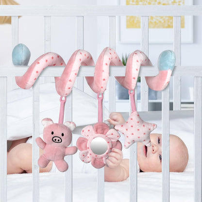 SAMMAS Car Seat Toys, Infant Baby Pink Pig Spiral Activity Hanging Toys Stroller Toys for Car Seat Stroller Bar Crib Bassinet Mobile with Mirror BB Squeaker and Rattles