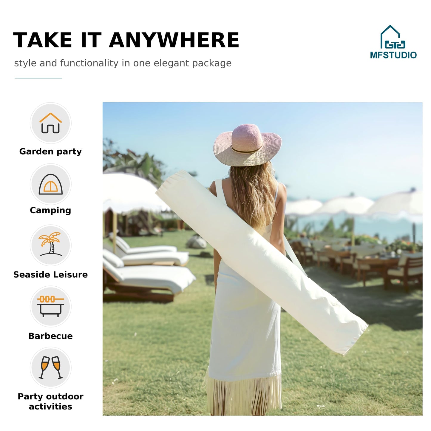 MFSTUDIO 7ft Patio Beach Umbrella with Fringe, Tassel Umbrellas UPF50+ with Sand Anchor & Tilt Button, Holiday Outdoor Umbrella with Carry Bag, Ideal for Garden Lawn Poolside, Ivory