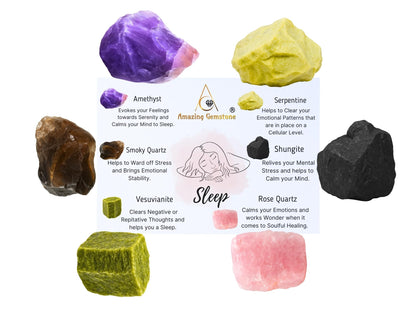Amazing Gemstone Crystals for Sleep Manifestation, Set of 6 Amethyst, Smoky Quartz, Shungite, Vesuvianite, Serpentine and Rose Quartz Healing Crystals and Stones