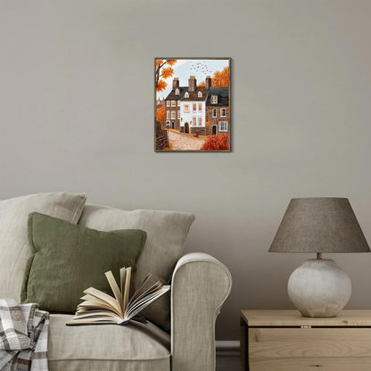 XOCUUI Autumn Cozy Village Landscape Scene 8x10 Unframed Canvas Print, Rustic Fall Street Scene Wall Art With Warm Colors, Thanksgiving House Office Entryway Seasonal Decor