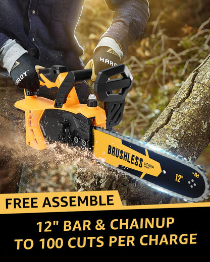 12 Inch Brushless Cordless Chainsaw for 20v Max Battery with Auto Oiler, 45Ft/s 1100W Electric High-Efficiency, No Installation Required, Yellow (Battery Not Included)