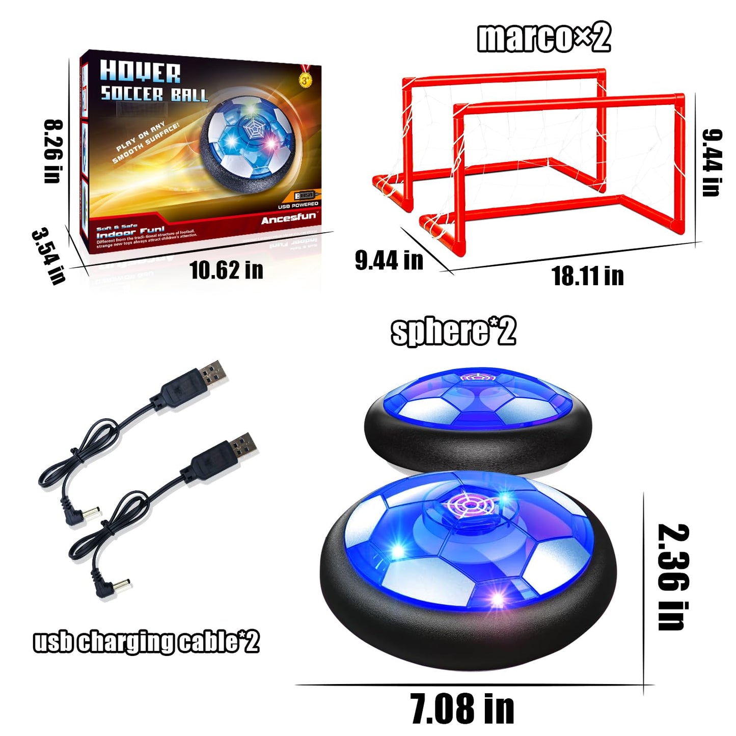2 Pack Hover Soccer Ball Set with 2 Goals - Rechargeable LED Air Power Football, Indoor/Outdoor Floating Hover Ball Toy, USB Charging Soccer Gifts for Boys & Girls Ages 3-12, Birthday/Holiday Presents