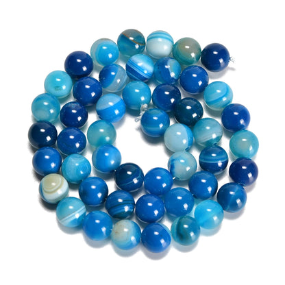 jodaying 10mm Blue Stripe Agate Smooth Round Natural Gematone Loose Beads for Jewelry Making DIY Findings 1 Strand 15"