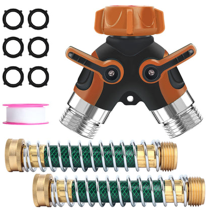 Lumanious Hose Splitter, Garden Hose Splitter 2 Way Heavy Duty,3/4" Spigot Adapter Connector with 2 Kink Free Faucet Extension Hose Protector 6 Rubber Washers and PTEP Tape for Drip Irrigation, Lawns