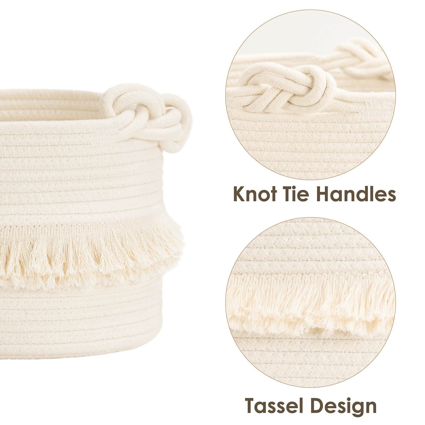 CherryNow Small Woven Storage Baskets, 9.5'' x 7'' inches Cotton Rope Decorative Hamper for Diaper, Blankets, Magazine and Keys, Cute Tassel Nursery Decor - Home Storage Container, Off-white