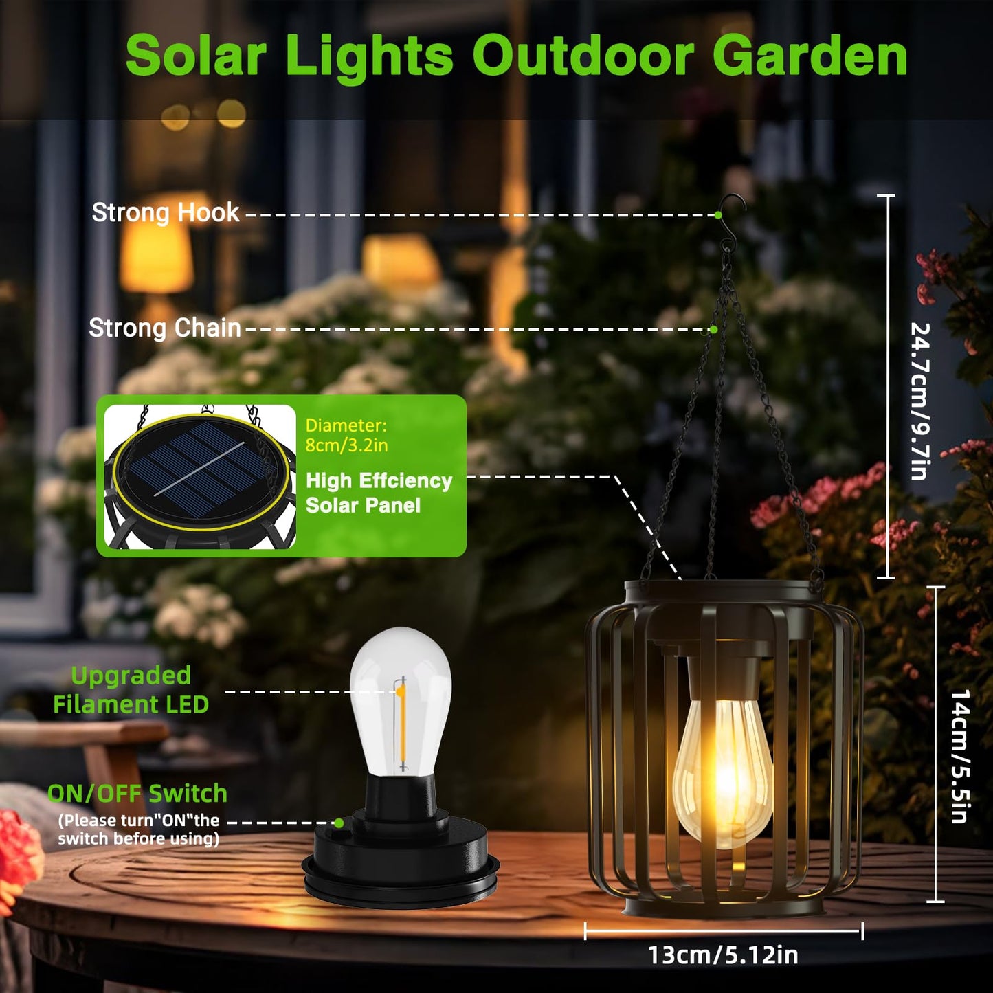 Ddlisu 2 Pack Solar Lanterns Outdoor Waterproof, Upgraded Metal LED Lanterns, Warm Light, Auto On/Off, Brighter Hanging Solar Lantern for Yard Patio Pathway Porch Garden Decor (Columnar)